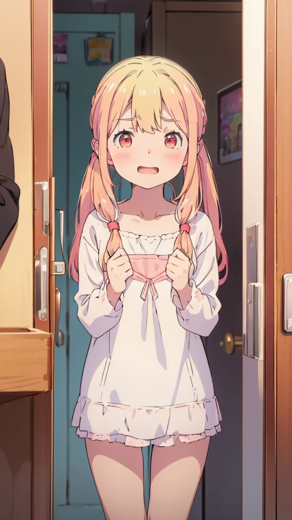 ((masterpiece))((Highest quality))girl、Laughing with your mouth open、blush、Flat Chest、Are thin、Blonde Hair、blush、Are standing、Whole body image、Eye level on face、、No background、Hair is two colors、Twin tails、Red Eyes、Two-tone red and yellow hair、Put your hands up、underwear