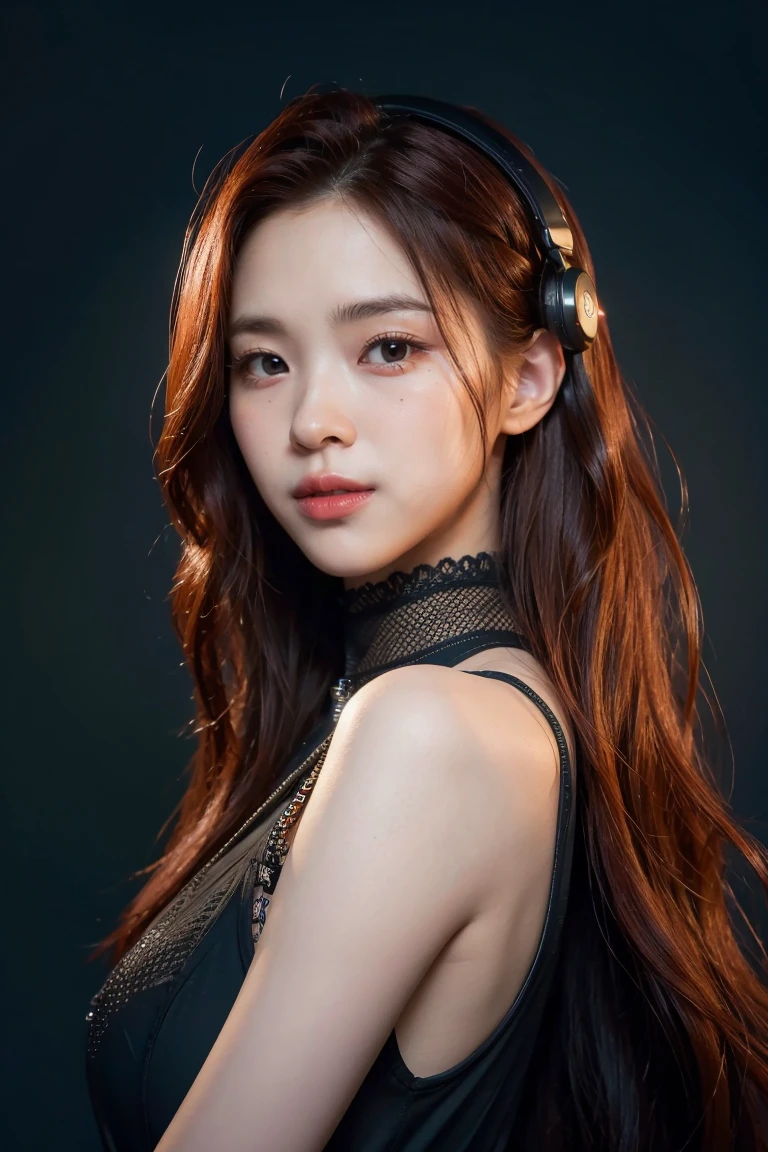 girl with long red hair, red eyes, futuristic vibes, mask on mouth, headphones, 8k, high quality, simple background, glowing eyes, nice pose