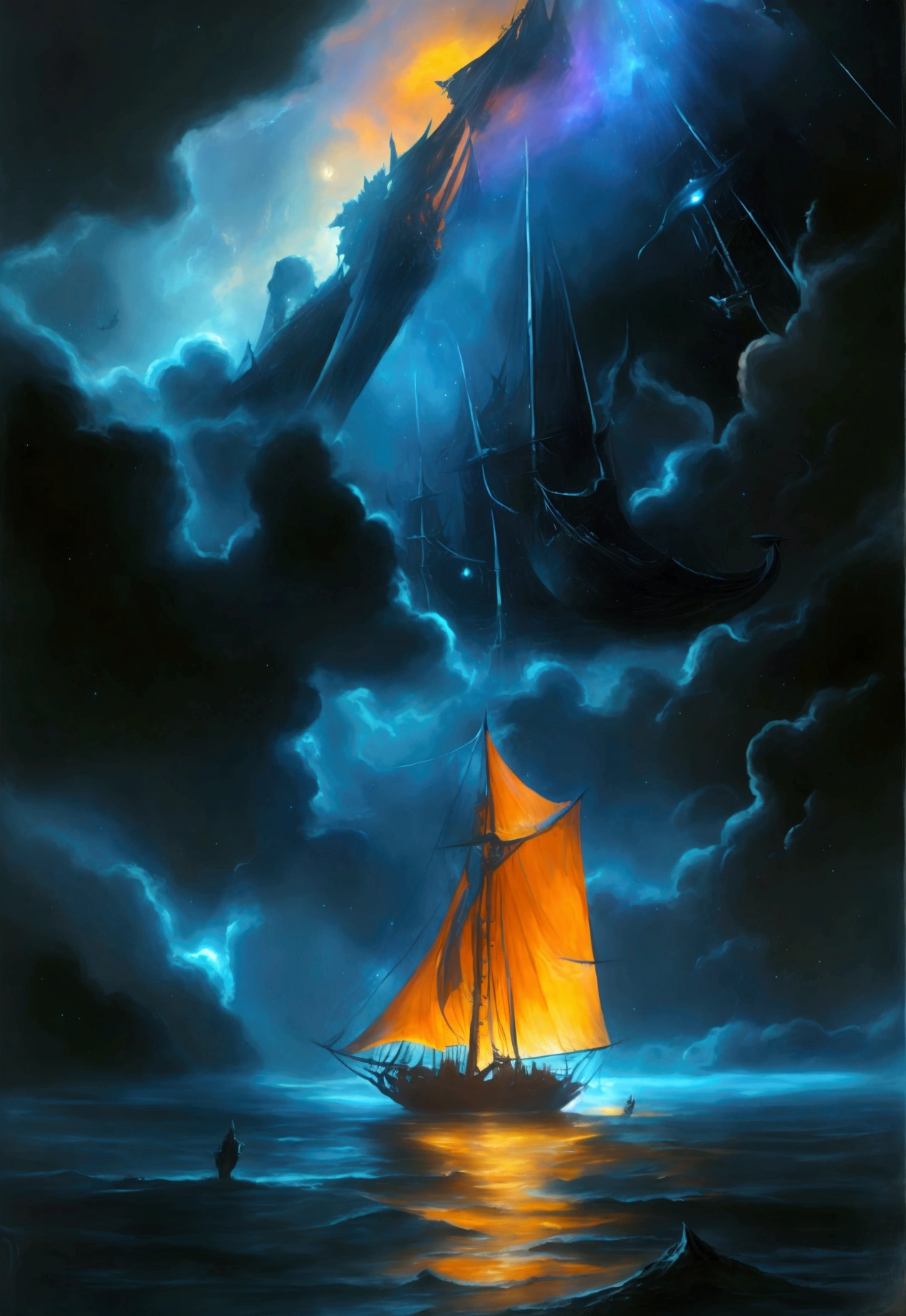 A whimsical ship drifts through the endless expanse of horror black space, its sails billowing in the eerie void.