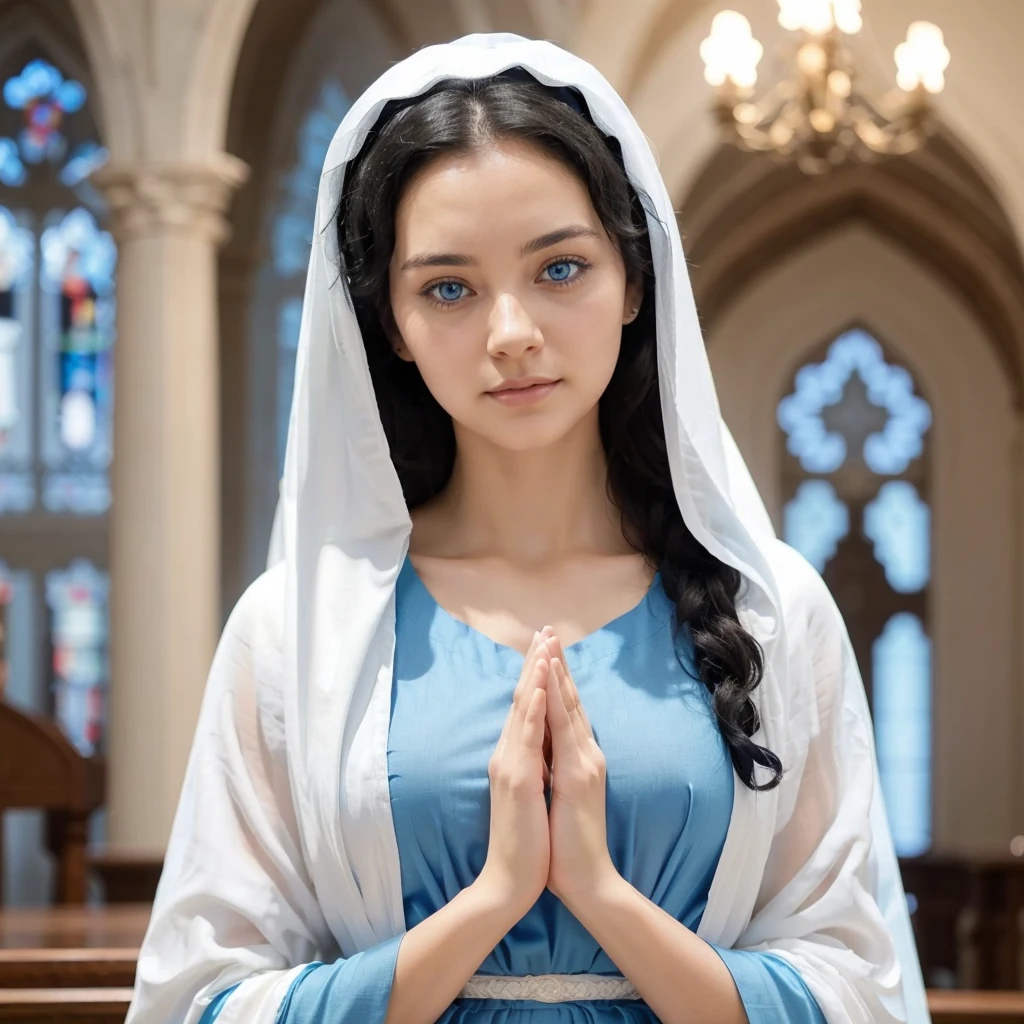 Beautiful woman with light blue eyes, curly black hair, wearing a blue tunic with wide, long sleeves adjusted at the waist by a white sash. Wear a thick white veil.