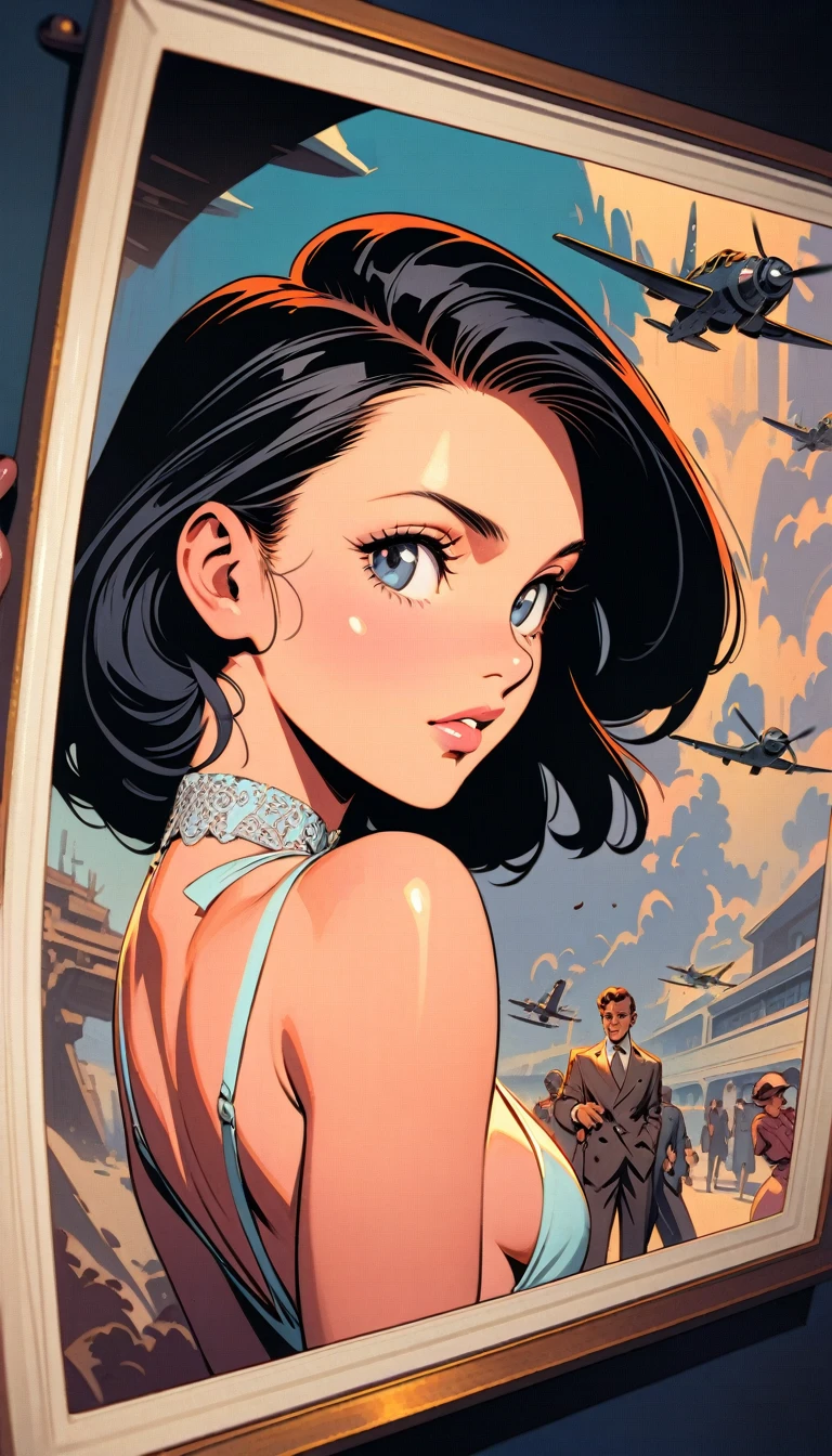 ((best quality)) , ((masterpiece)) , (detailed),illustration art by Dave Stevens and Lillian Bassman, Graceful (Man:1.2) , Multicolor hair styled as Caesar cut, Comic books, graphic novels, retro style, pin-up art, Fashion and art,elegant and sophisticated, innovative use of light and shadow, capturing the glamour of mid-20th century fashion, portrait art by Mary Cassatt, glossy, ambient, Complex, full color, fine artistic composition, enchanted,(((Lots of fighter planes)))