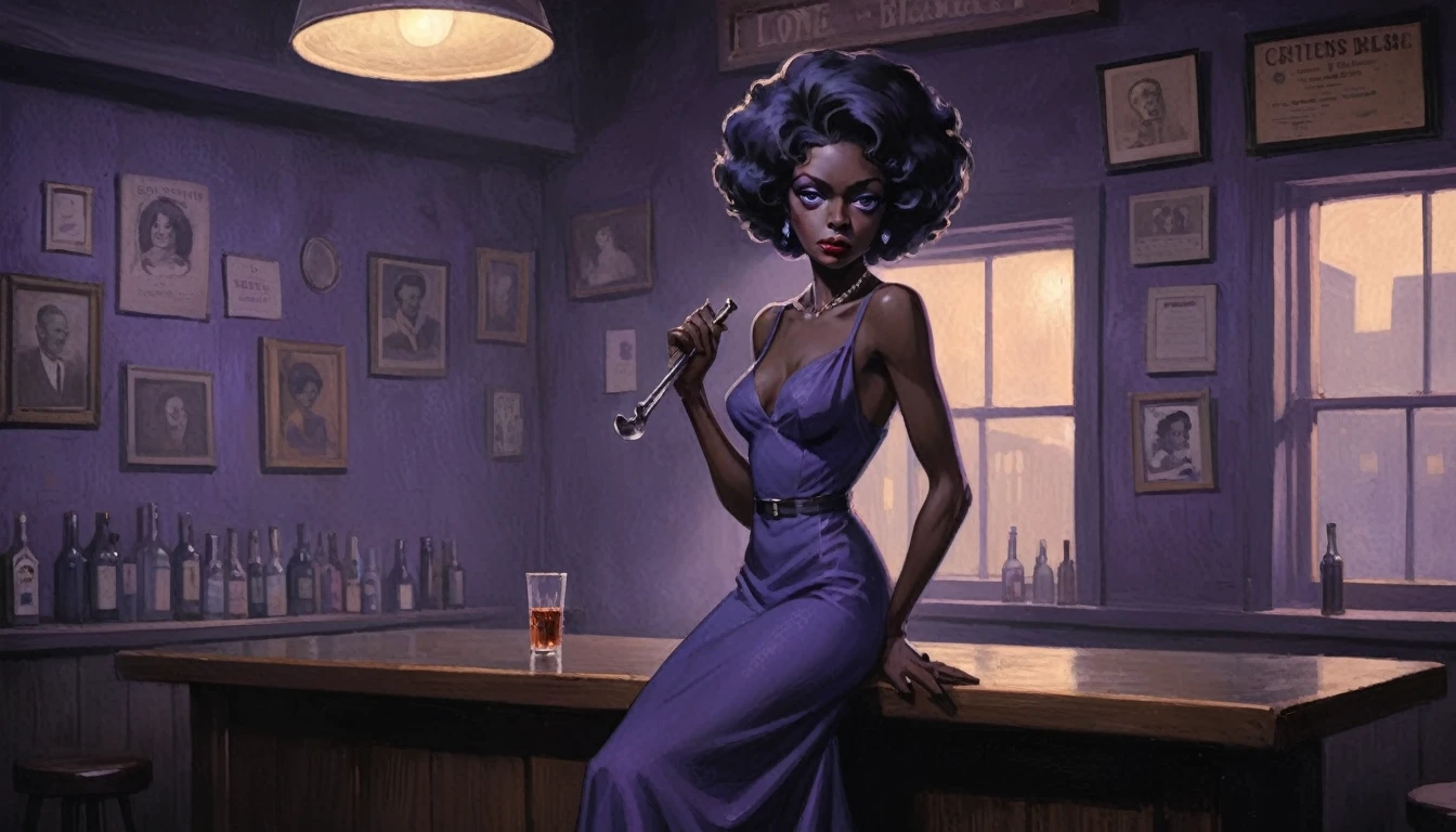 robert johnson, gritty, alabama bar, blue note, charismatic , purple dress, illustration, noir fantasy, lone black lady, sad ending, saxophonist