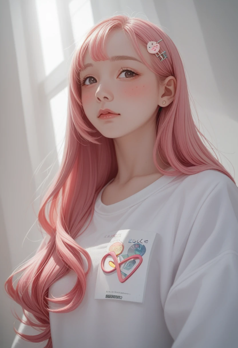 Pink Hair,Long hair,Single Side Lock Hairpin Blush Modern Lighting,Ray Tracing,Projection wide angle lens UHD,Textured Skin,High Detail,Best image quality 4K