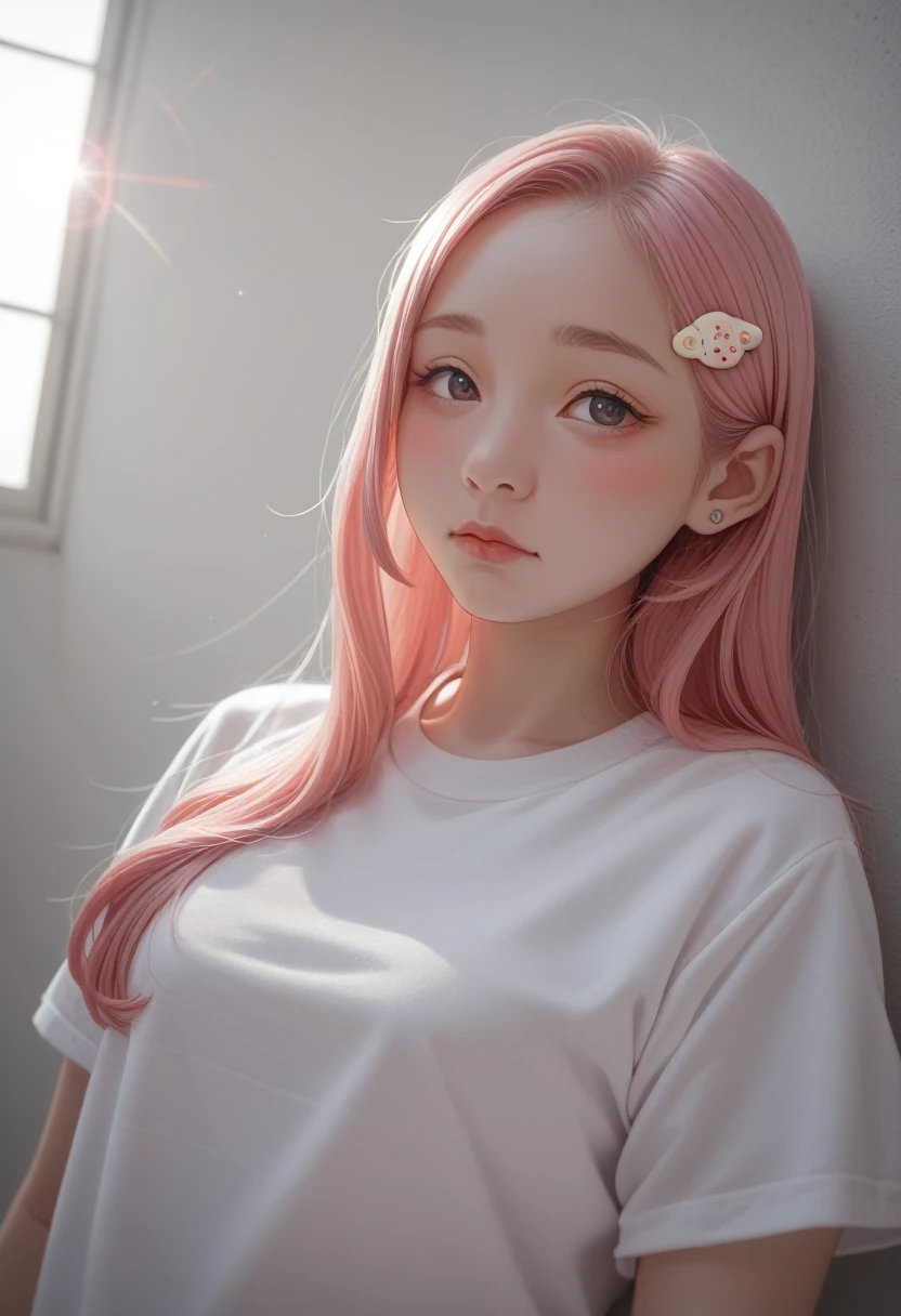 Pink Hair,Long hair,Single Side Lock Hairpin Blush Modern Lighting,Ray Tracing,Projection wide angle lens UHD,Textured Skin,High Detail,Best image quality 4K