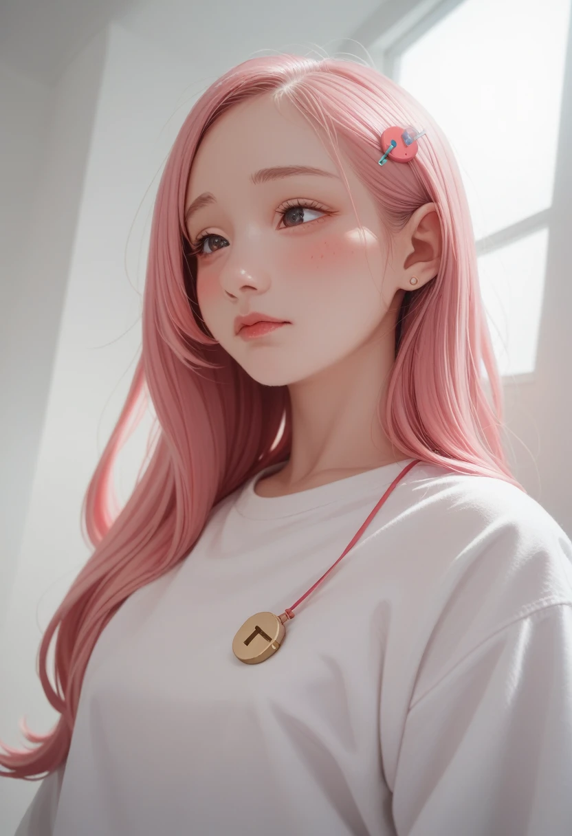 Pink Hair,Long hair,Single Side Lock Hairpin Blush Modern Lighting,Ray Tracing,Projection wide angle lens UHD,Textured Skin,High Detail,Best image quality 4K