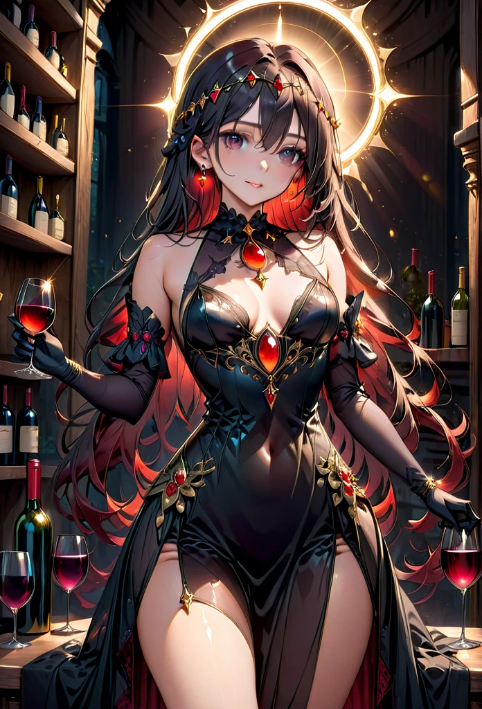 High resolution, high quality, High-resolution model, High detail, Very detailed, (Slim figure:1.5), (Fantasy atmosphere:1.3), (Shot from the thigh up:1.3), (holding a wine glass:1.3),goddess, long hair, Straight Hair, Grown-up face, A relaxed expression, Dark Eyes, Gradient eyes, Front bottom shot, Her hair is black on top and red on the bottom., Mysterious Circlet of Light, Neon-like earrings, Black long dress, Dresses without slits, Black long gloves, Shiny black and red gothic decoration on the costume, A mysterious ring of light in the background extends off-screen, Mysterious light in the background, A shelf with wine bottles neatly lined up all over the background, The shelves in the background are symmetrical,