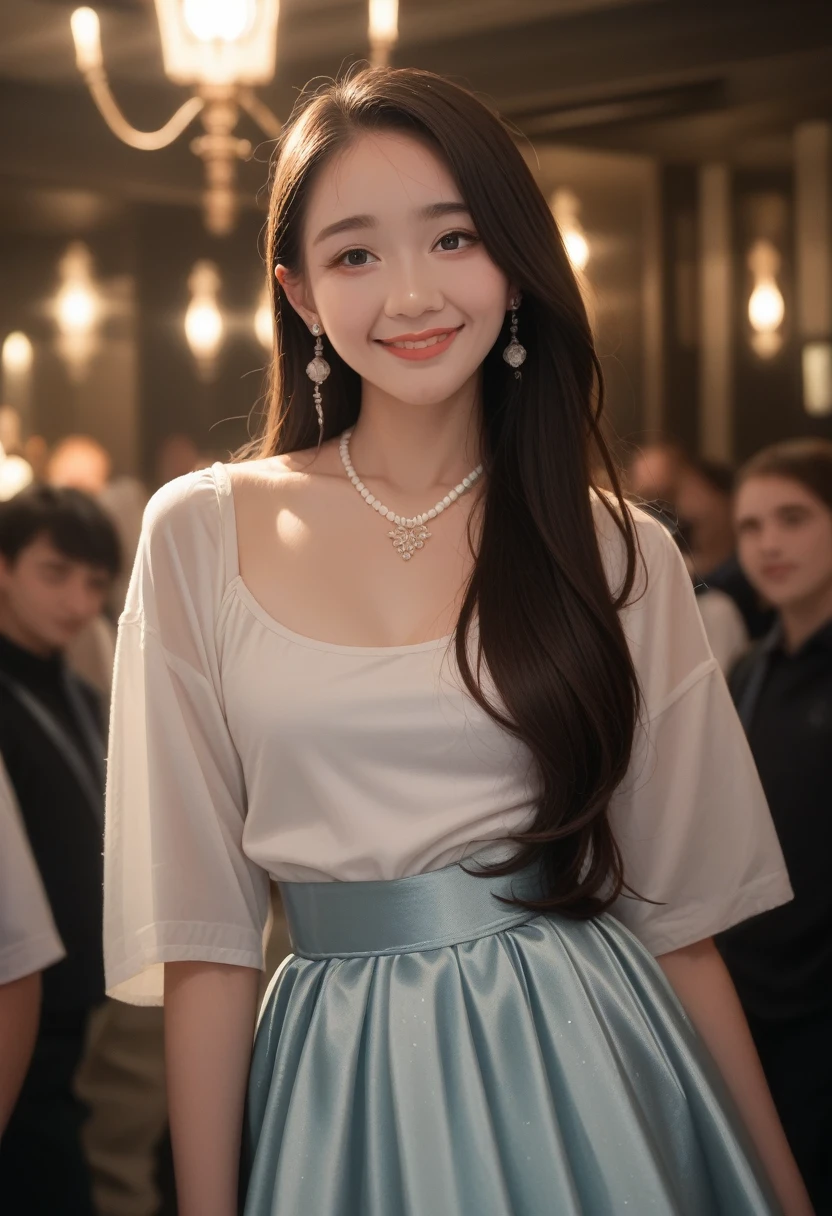 best quality, masterpiece, high resolution, 1 Girl, clear silk porcelain skirt, Pretty Face, Hair accessories, Looking at the audience, Smile, shut your mouth, Lips, skirt, Hair accessories, necklace, Jewelry, Long hair, earrings, Pretty Face, Physically, Tyndall Effect, realism, Dark Studio, Edge lighting, Two-color lighting, (High Detail Skin: 1.2), 8K UHD, Digital SLR Camera, Soft Light, high quality, Volumetric Lighting, photo, high resolution 4K, 8K, Blurred background