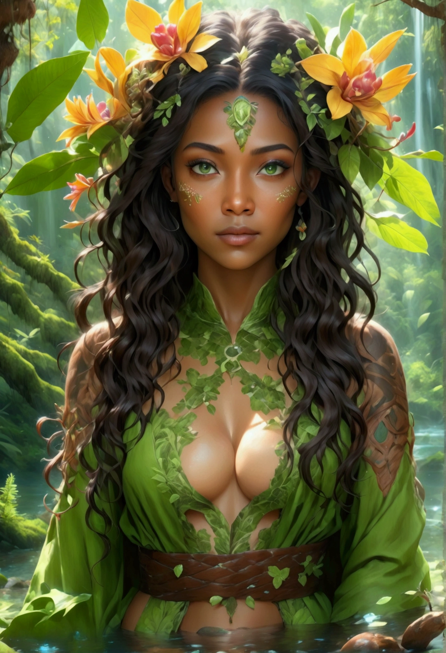  a picture of a druid in her jungle cove, an exotic, most beautiful human druid, priest of nature, warden of the wild of the jungle, full body, ((anatomically correct: 1.5)) long hair, wild hair, dynamic hair color, flowers and leaves in her hair, wearing a green robe, small cleavage, high boots, eyes glowing with magic, she protects her jungle grove, many old (cacao trees: 1.3), orchids trees, heliconia flowers, some wild life, a (stream of water: 1.3), fantasy art, vibrant, Ultra-high resolution, High Contrast, (masterpiece:1.5), highest quality, Best aesthetics), best details, best quality, highres, ultra wide angle, 16k, [ultra detailed], masterpiece, best quality, (extremely detailed) RAW, 