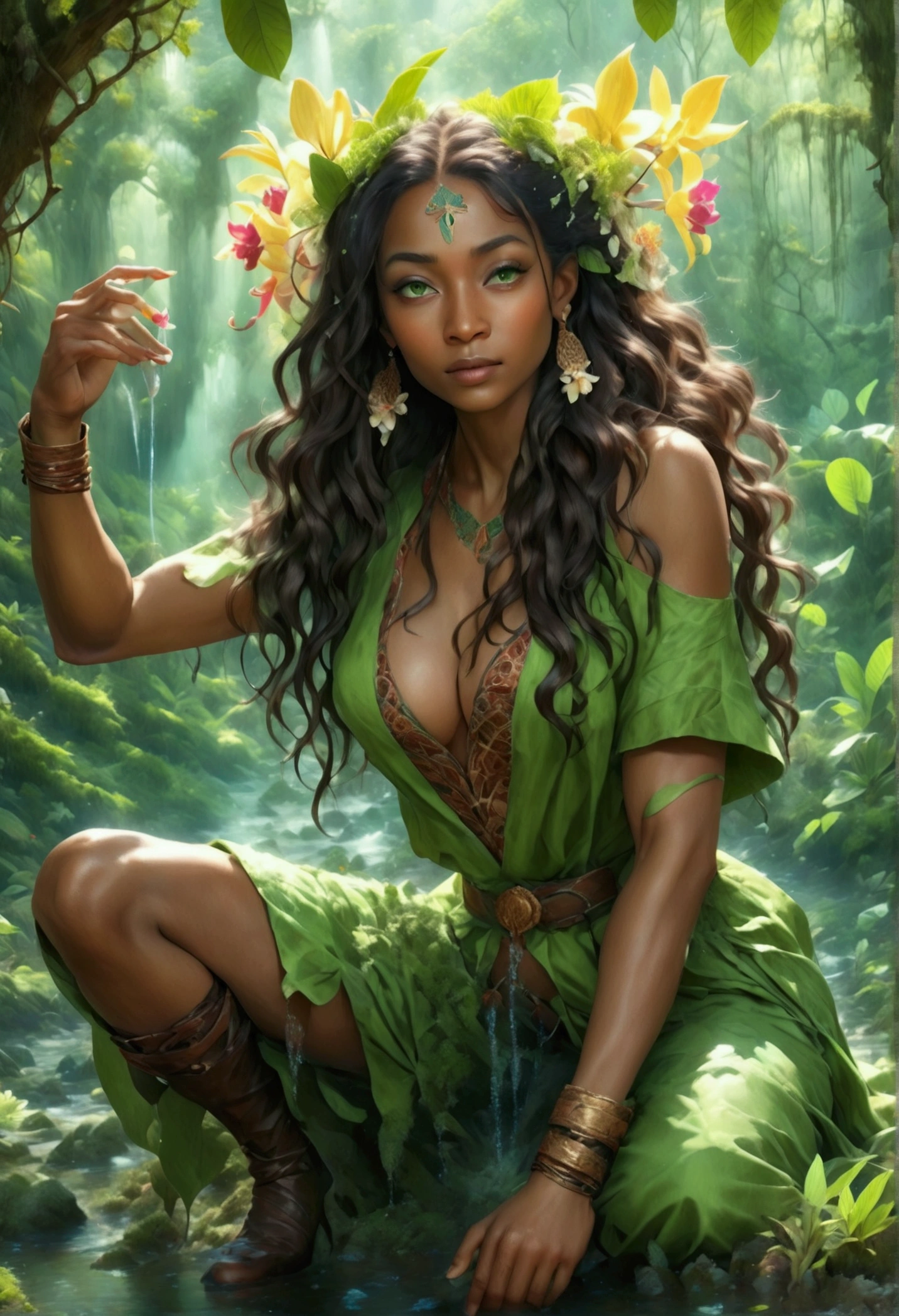  a picture of a druid in her jungle cove, an exotic, most beautiful human druid, priest of nature, warden of the wild of the jungle, full body, ((anatomically correct: 1.5)) long hair, wild hair, dynamic hair color, flowers and leaves in her hair, wearing a green robe, small cleavage, high boots, eyes glowing with magic, she protects her jungle grove, many old (cacao trees: 1.3), orchids trees, heliconia flowers, some wild life, a (stream of water: 1.3), fantasy art, vibrant, Ultra-high resolution, High Contrast, (masterpiece:1.5), highest quality, Best aesthetics), best details, best quality, highres, ultra wide angle, 16k, [ultra detailed], masterpiece, best quality, (extremely detailed) RAW, 