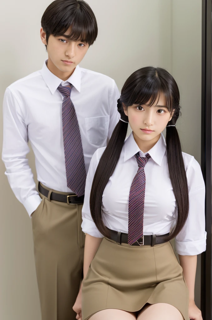((highest quality, masterpiece :1.3)), Photorealistic、Ultra-high resolution、Natural skin texture、Hyperrealism、Photograph from the knee up、15 year old Japanese beautiful girl、Twin tail hair、well-shaped breasts、Tight white collared shirt and tie、mini skirt、Contemptuous expression