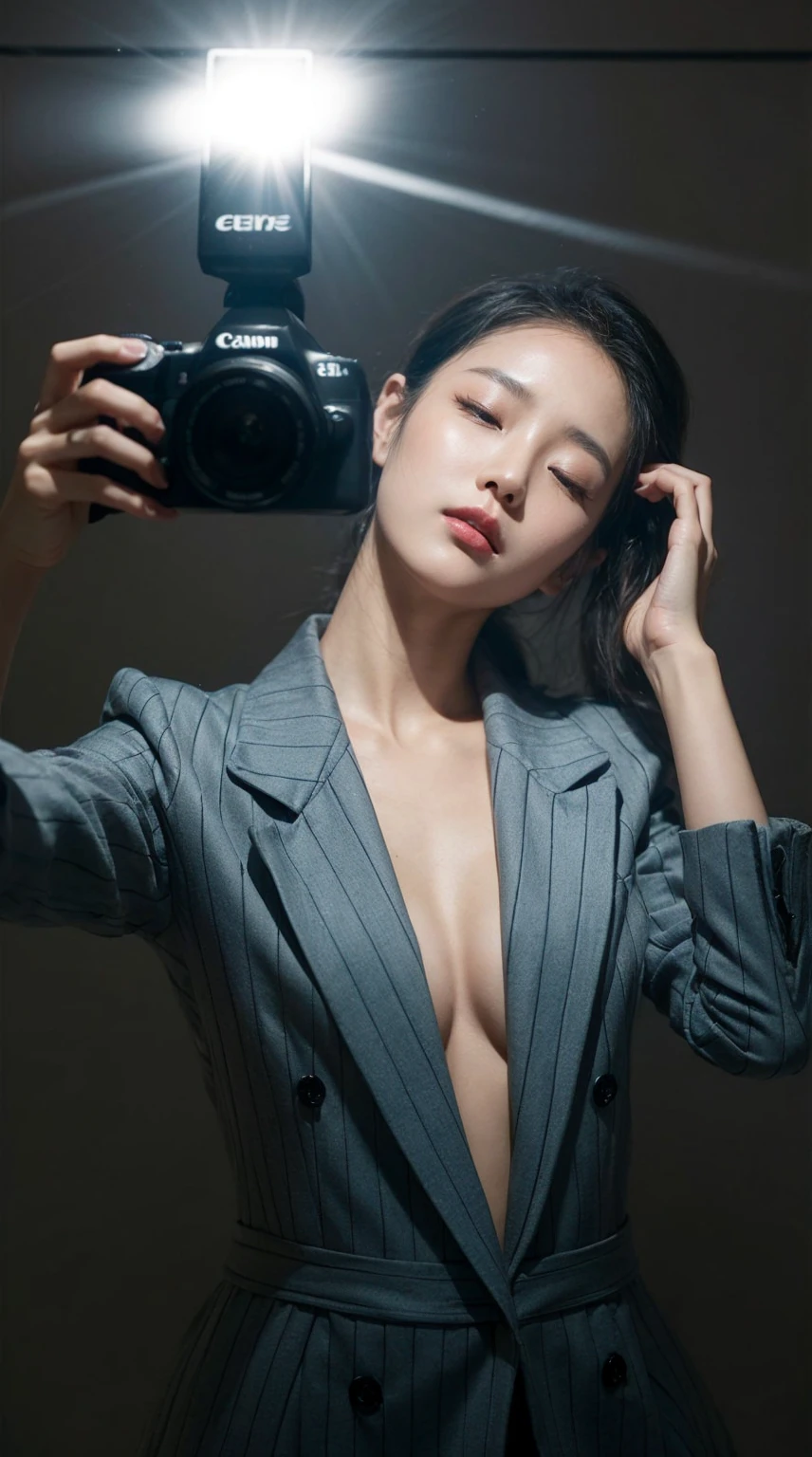 A korean woman takes a mirror selfie with a Canon EOS camera. The camera's flash illuminates the scene, creating a bright glare in the mirror. she has a pear body shape with an larged-size breast, She wears a bright red, vertically striped blazer with rolled-up sleeves, left open to reveal her bare larged-size breast. Her expression is serene, with her eyes slightly closed and her head tilted slightly to one side as she touches her hair with her other hand, messy wavy hair. The background appears dim, giving prominence to the subject in the foreground.