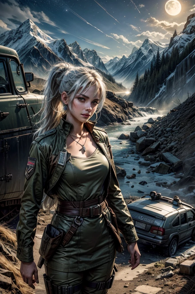 (masterpiece, best quality:1.2), cowboy shot, weissvale, smile, closed mouth,  looking at viewer, long white hair, side ponytail, scar above eye, scar below eye, military dress,  jewelry, necklace, earrings, standing with army in city ruins on hill, overlooking valley, BREAK night, stars, moon, snow, BREAK mountains in background, waterfall, vehicle wreck, army searching with rifles, (army in military uniform), bonfires, post-apocalypse, dystopian future, 