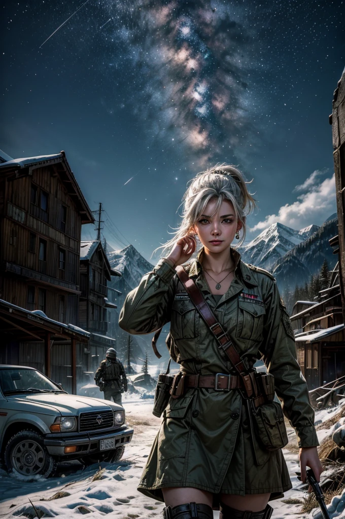 (masterpiece, best quality:1.2), cowboy shot, weissvale, smile, closed mouth,  looking at viewer, long white hair, side ponytail, scar above eye, scar below eye, military dress,  jewelry, necklace, earrings, standing with army in city ruins on hill, overlooking valley, BREAK night, stars, moon, snow, BREAK mountains in background, waterfall, vehicle wreck, army searching with rifles, (army in military uniform), bonfires, post-apocalypse, dystopian future, 