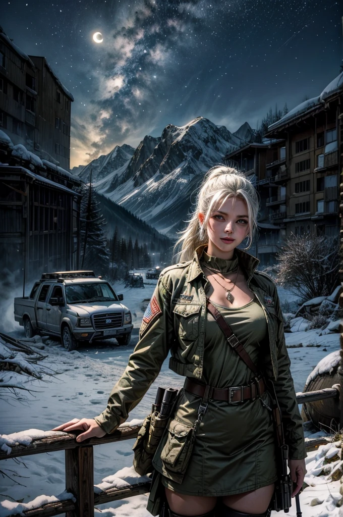 (masterpiece, best quality:1.2), cowboy shot, weissvale, smile, closed mouth,  looking at viewer, long white hair, side ponytail, scar above eye, scar below eye, military dress,  jewelry, necklace, earrings, standing with army in city ruins on hill, overlooking valley, BREAK night, stars, moon, snow, BREAK mountains in background, waterfall, vehicle wreck, army searching with rifles, (army in military uniform), bonfires, post-apocalypse, dystopian future, 