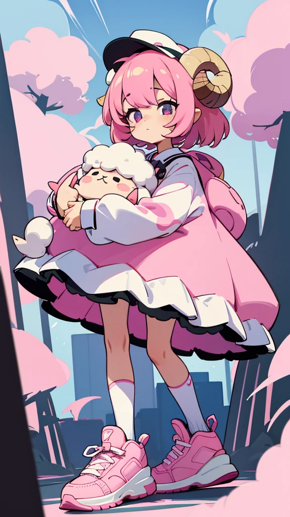 Pink sheep themed characters, Wearing big sneakers, サイバーパンク, Ram's horn, Keep the background simple, Magazine cover design, Pale pink hair, cloud hair, light smile, closed eyes, pink hair, whole body, Magazine Cover, Magazine Design, projected inset, UHD, highres, best quality, 8k