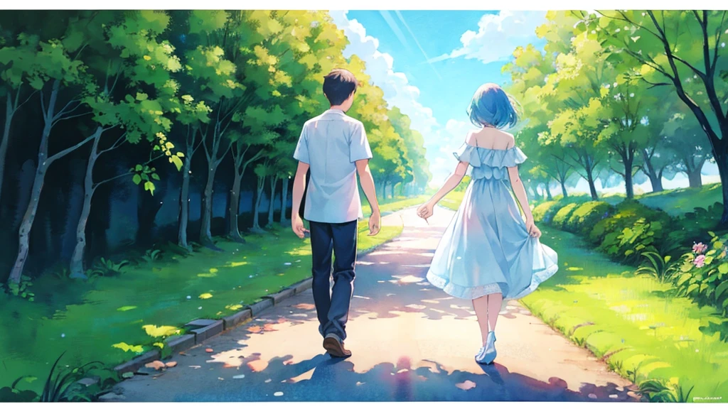 there are 1boy & 1girl walking down the road holding hands, concept, conceptual art, beautiful painting of friends, a beautiful artwork illustration, walking together, Summer Day, watercolor, back shot, full body,