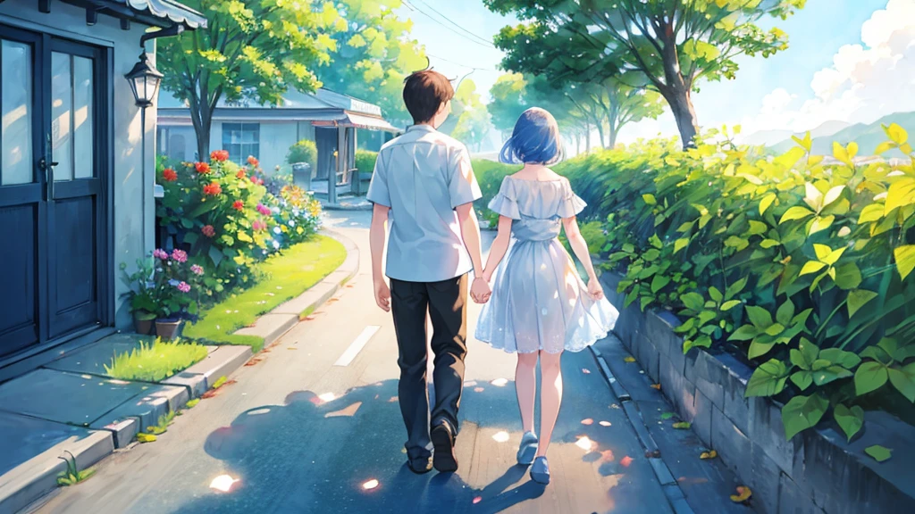 there are 1boy & 1girl walking down the road holding hands, concept, conceptual art, beautiful painting of friends, a beautiful artwork illustration, walking together, Summer Day, watercolor, back shot, full body,