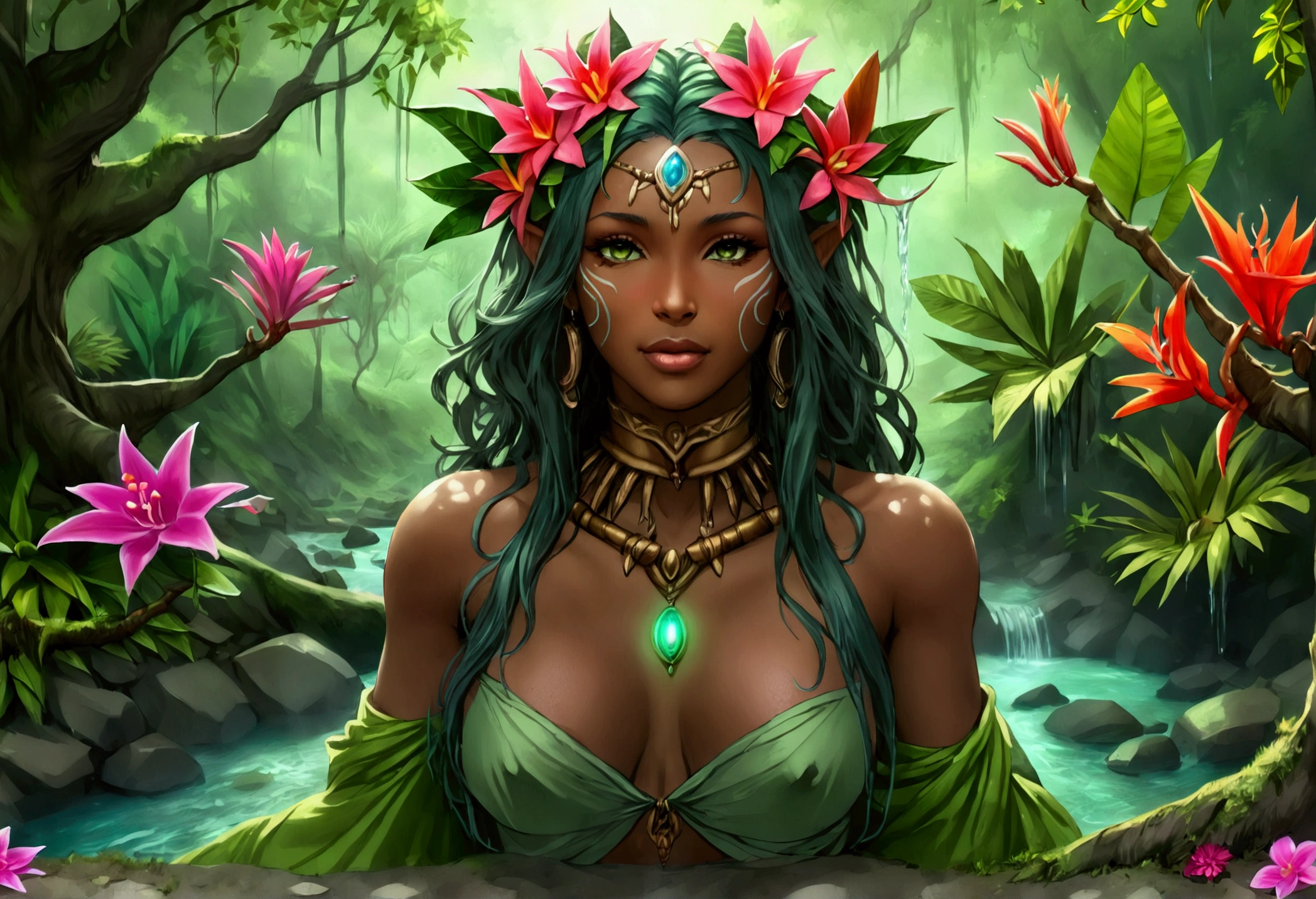  a picture of a druid in her jungle cove, an exotic, most beautiful human druid, priest of nature, warden of the wild of the jungle, full body, ((anatomically correct: 1.5)) long hair, wild hair, dynamic hair color, flowers and leaves in her hair, wearing a green robe, small cleavage, high boots, eyes glowing with magic, she protects her jungle grove, many old (cacao trees: 1.3), orchids trees, heliconia flowers, some wild life, a (stream of water: 1.3), fantasy art, vibrant, Ultra-high resolution, High Contrast, (masterpiece:1.5), highest quality, Best aesthetics), best details, best quality, highres, ultra wide angle, 16k, [ultra detailed], masterpiece, best quality, (extremely detailed) RAW, DruidMagicAI, Hyperrealism style