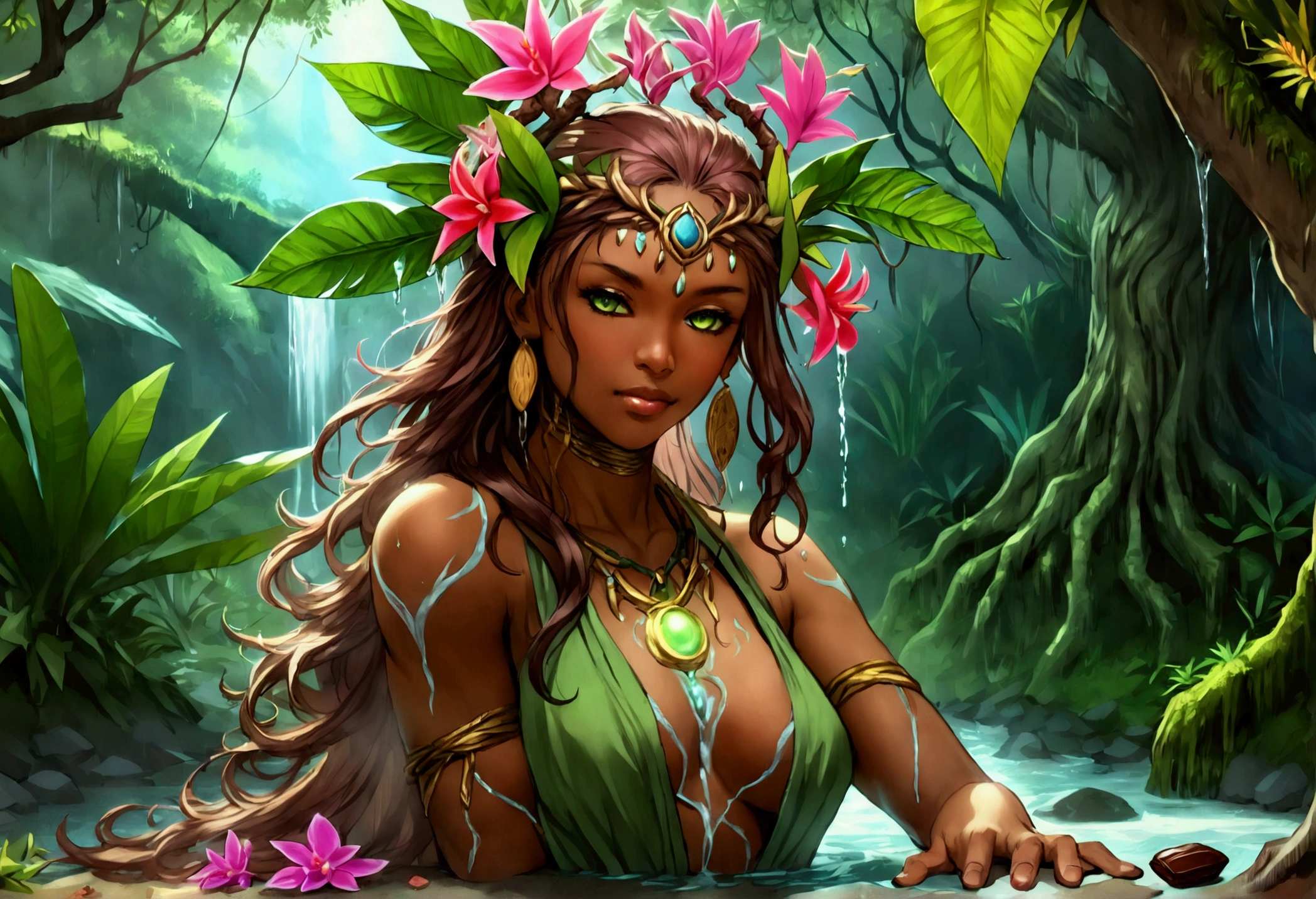  a picture of a druid in her jungle cove, an exotic, most beautiful human druid, priest of nature, warden of the wild of the jungle, full body, ((anatomically correct: 1.5)) long hair, wild hair, dynamic hair color, flowers and leaves in her hair, wearing a green robe, small cleavage, high boots, eyes glowing with magic, she protects her jungle grove, many old (cacao trees: 1.3), orchids trees, heliconia flowers, some wild life, a (stream of water: 1.3), fantasy art, vibrant, Ultra-high resolution, High Contrast, (masterpiece:1.5), highest quality, Best aesthetics), best details, best quality, highres, ultra wide angle, 16k, [ultra detailed], masterpiece, best quality, (extremely detailed) RAW, DruidMagicAI, Hyperrealism style