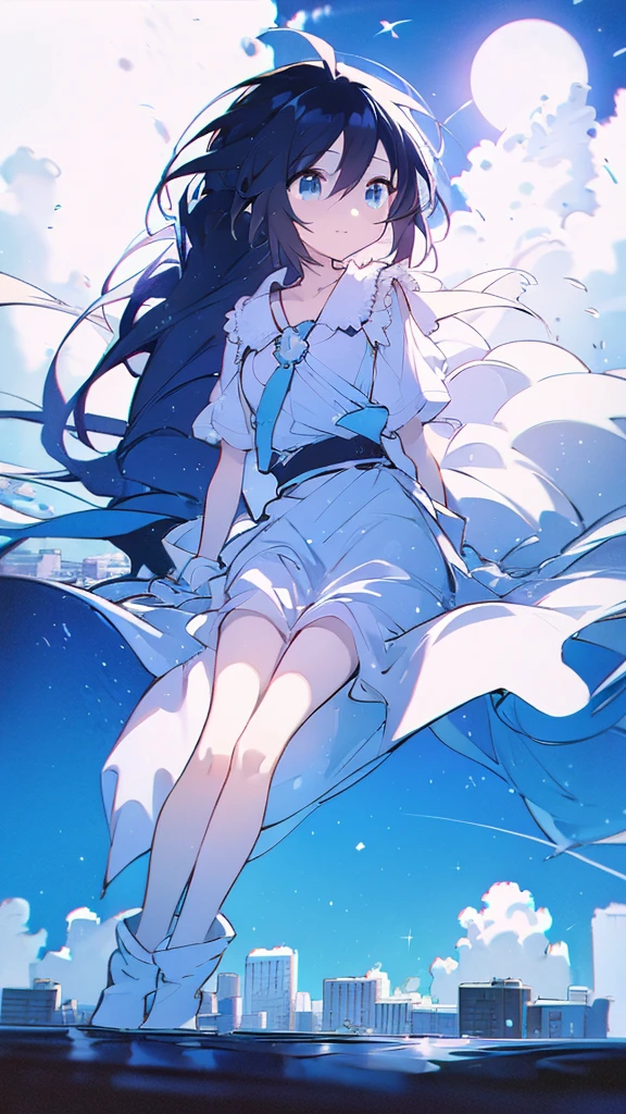Seven-doppelganger shot,Anime style 4K,High quality anime art style,Standing painting,Splash ink background,Blue Themes、Pure white background,Buildings,Face close-up,Buildings,Moon and sun、Shining Star々,milky way,Bright Sky,Looking at me,Facing forward,Clear eyes and nose,cute,beautiful,Thin legs,sitting by the water, black hair, Blue eyes, girl, bob, front, cute,Blue Background,Long Hair,Whale flying in the blue sky