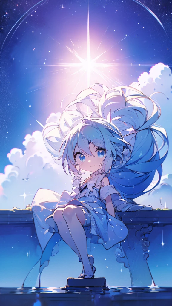 Seven-doppelganger shot，Anime style 4K,High quality anime art style，Standing painting，Splash ink background，Blue Themes、Pure white background,Buildings,Face close-up,Buildings,Moon and sun、Shining Star々,milky way,Bright Sky,Looking at me,Facing forward,Clear eyes and nose,cute,beautiful,Thin legs,sitting by the water, black hair, Blue eyes, girl, bob, front, cute,Blue Background,Long Hair,Whale flying in the blue sky