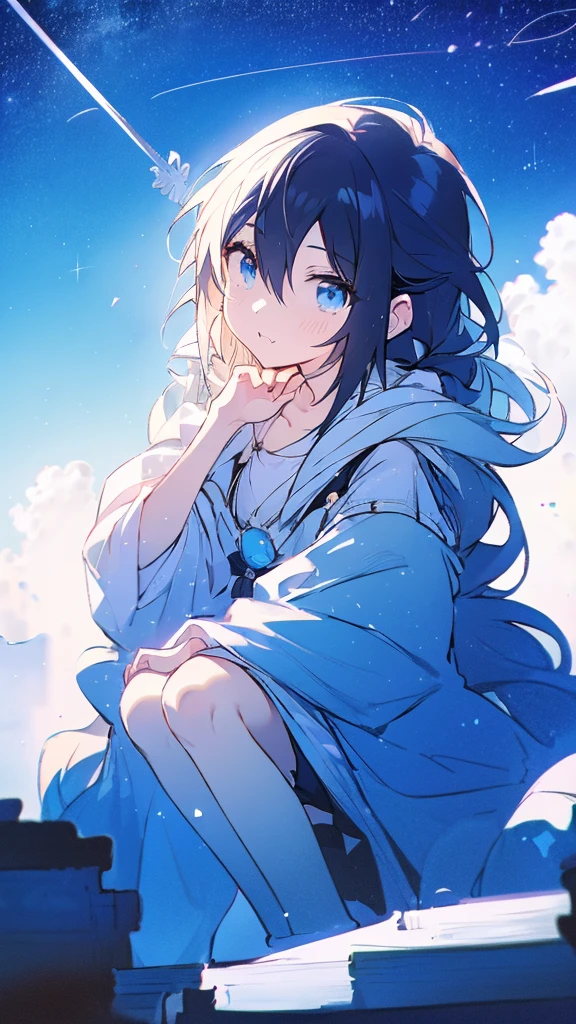 Seven-doppelganger shot，Anime style 4K,High quality anime art style，Standing painting，Splash ink background，Blue Themes、Pure white background,Buildings,Face close-up,Buildings,Moon and sun、Shining Star々,milky way,Bright Sky,Looking at me,Facing forward,Clear eyes and nose,cute,beautiful,Thin legs,sitting by the water, black hair, Blue eyes, girl, bob, front, cute,Blue Background,Long Hair,Whale flying in the blue sky