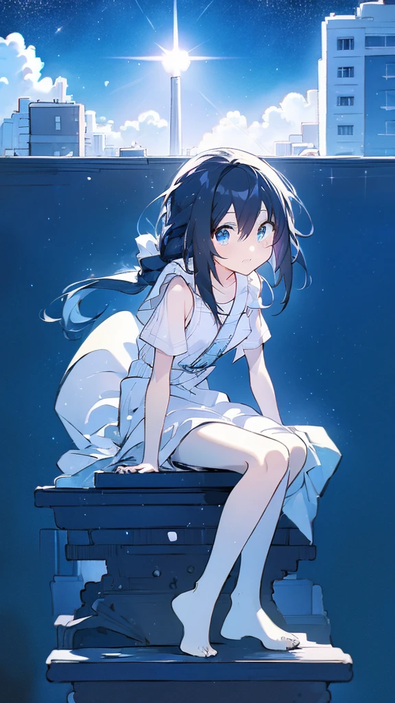 Seven-doppelganger shot,Anime style 4K,High quality anime art style,Standing painting,Splash ink background,Blue Themes、Pure white background,Buildings,Face close-up,Buildings,Moon and sun、Shining Star々,milky way,Bright Sky,Looking at me,Facing forward,Clear eyes and nose,cute,beautiful,Thin legs,sitting by the water, black hair, Blue eyes, girl, bob, front, cute,Blue Background,Long Hair,Whale flying in the blue sky