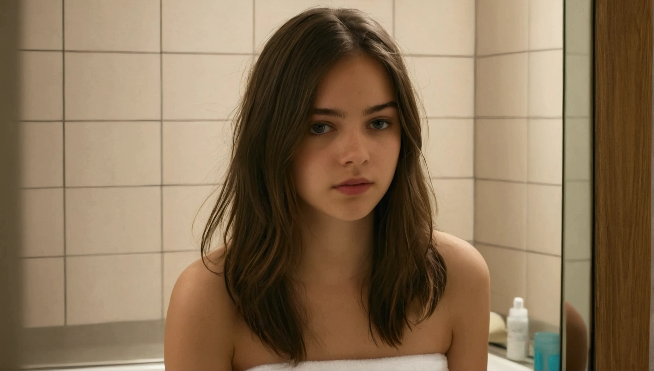 fille brune , 20ans , miroir salle de bain