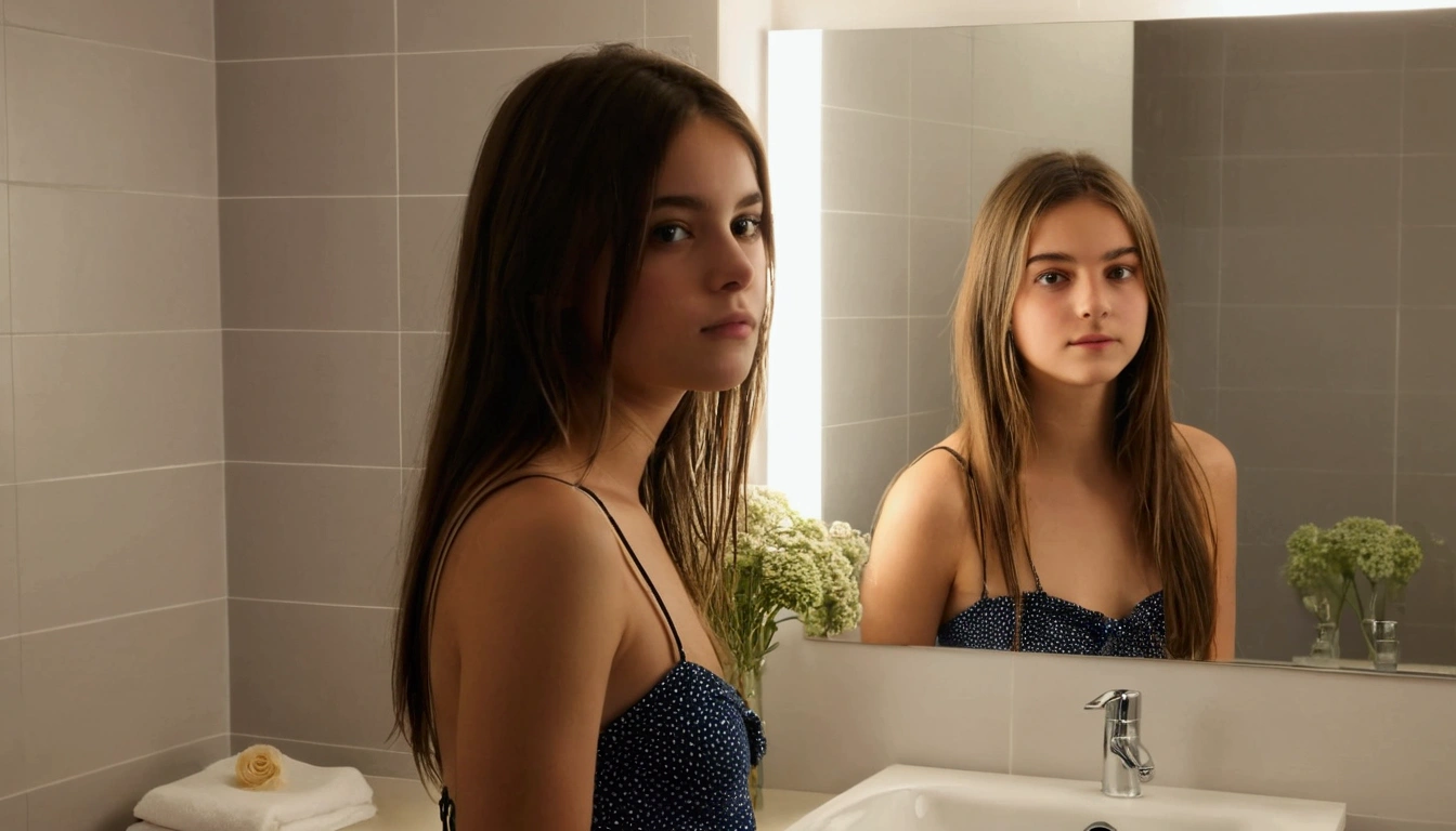 fille brune , 20ans , miroir salle de bain