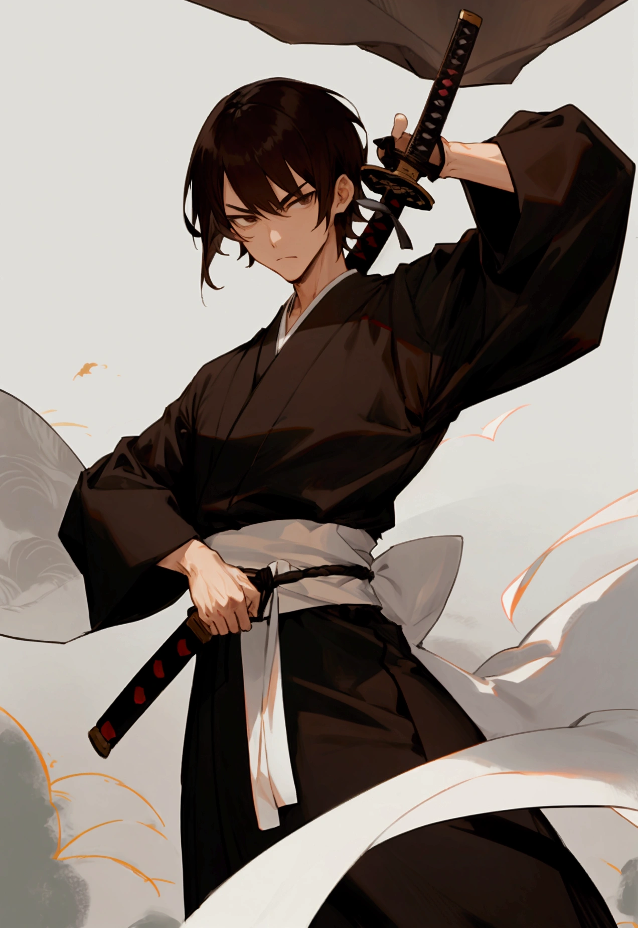 Cartoon Japanese man with Japanese sword in hand, sword lit, dark brown hair. Black dress, white sash, short hair