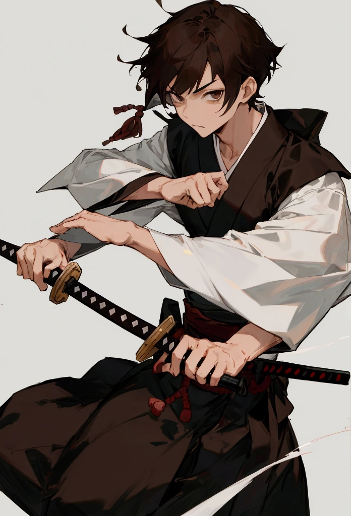 Cartoon Japanese man with Japanese sword in hand, sword lit, dark brown hair. Black dress, white sash, short hair