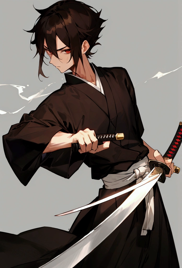 Cartoon Japanese man with Japanese sword in hand, sword lit, dark brown hair. Black dress, white sash, short hair