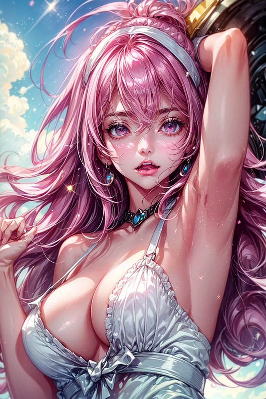1girl,solo,cute,blush,pink hair,pink eyes,sparkling eyes,beautiful face,bigbreast,cleavage,white dress,upper body, armpit,she raise her hands