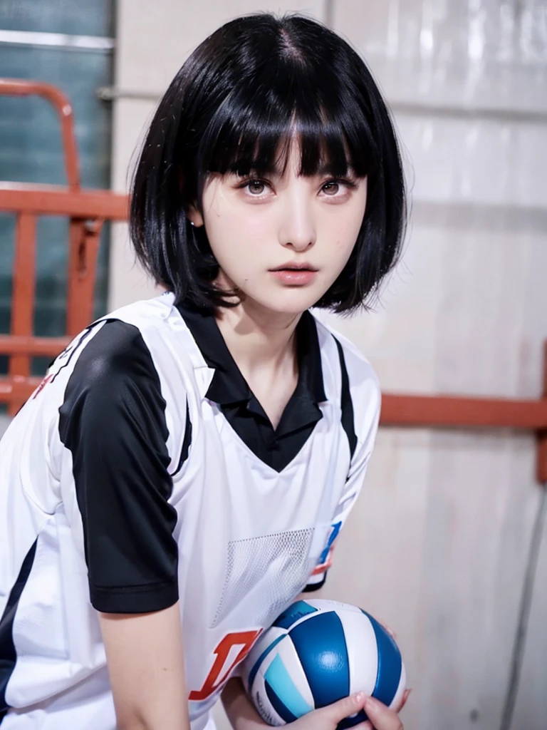 She has black hair,With bangs, rena noun pattern 3/4, Wearing a volleyball uniform, Ulzan, 🚿🗝📝, Ruan cute vtuber, sui ishida with black hair, Jisoo from Blackpink, short hair, Live2d Virtual YouTuber Model, Korean Girl