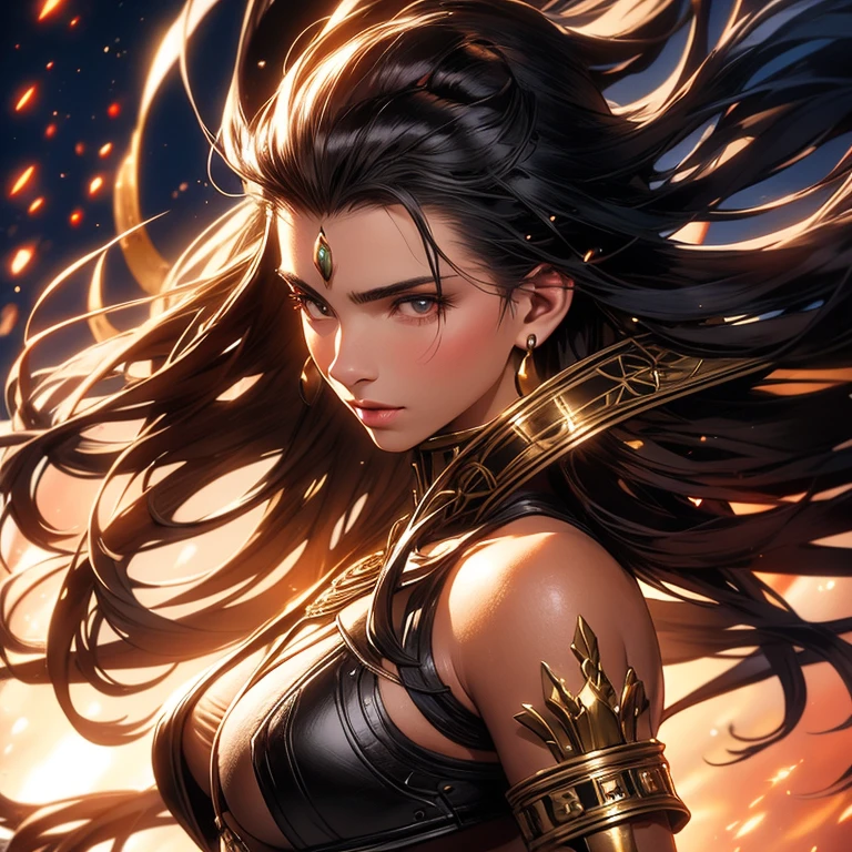 A beautiful warrior woman. Ultra realistic, perfect image, film lighting.