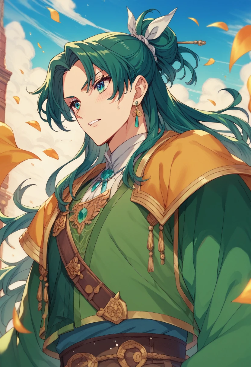 A character in the art style of the anime called "the apothecary diaries". She is a fighter, but wears traditional blue/green clothes, but her hair are deep black. (2d) (copy the anime art style)