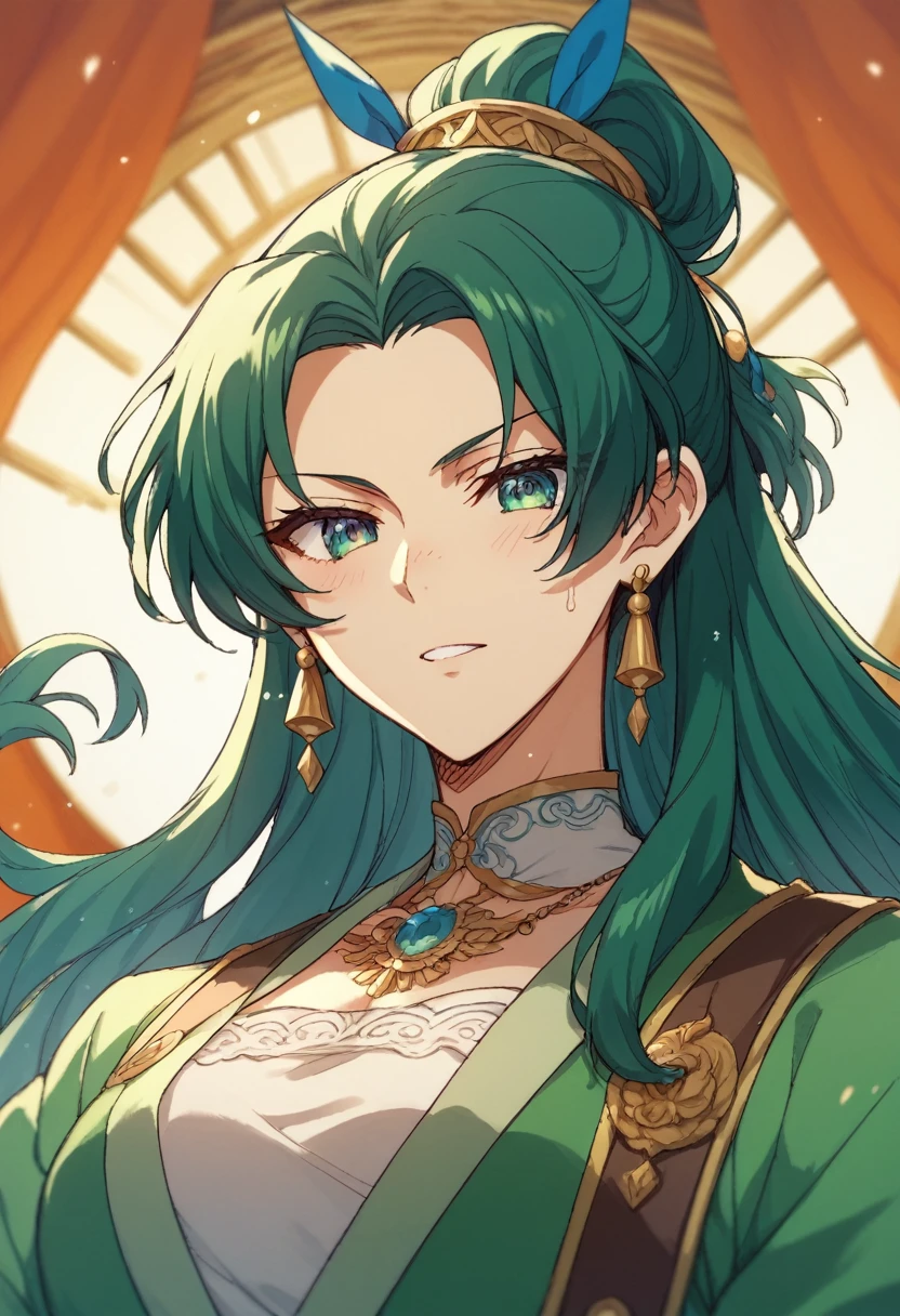 A character in the art style of the anime called "the apothecary diaries". She is a fighter, but wears traditional blue/green clothes, but her hair are deep black. (2d) (copy the anime art style)