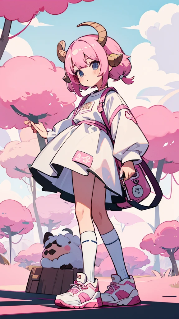 Pink sheep themed characters, Wearing big sneakers, サイバーパンク, Ram's horn, Keep the background simple, Magazine cover design, Pale pink hair, cloud hair, light smile, closed eyes, pink hair, whole body, Magazine Cover, Magazine Design, projected inset, UHD, highres, best quality, 8k