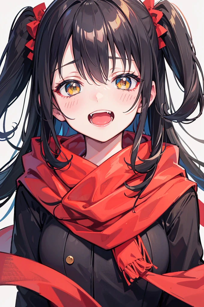 portrait, one side up, long hair, black hair, stupid hair, passionate fool, girl, Laugh loudly and energetically, golden eyes, red cloth scarf, Black Jacket, hero