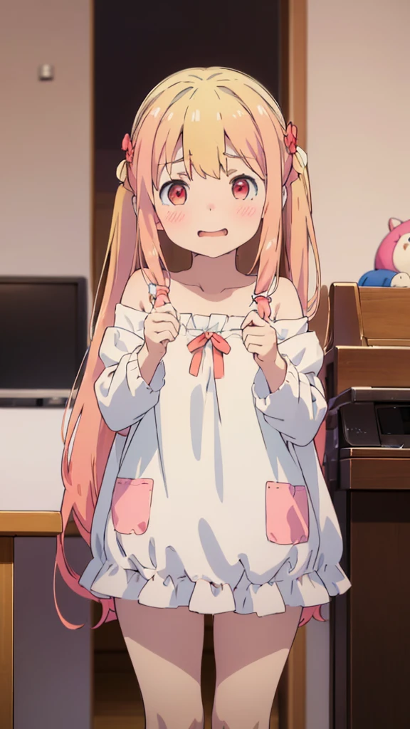 ((masterpiece))((Highest quality))girl、Laughing with your mouth open、blush、Flat Chest、Are thin、Blonde Hair、blush、Are standing、Whole body image、Eye level on face、、No background、Hair is two colors、Twin tails、Red Eyes、Two-tone red and yellow hair、Put your hands up、Completely naked