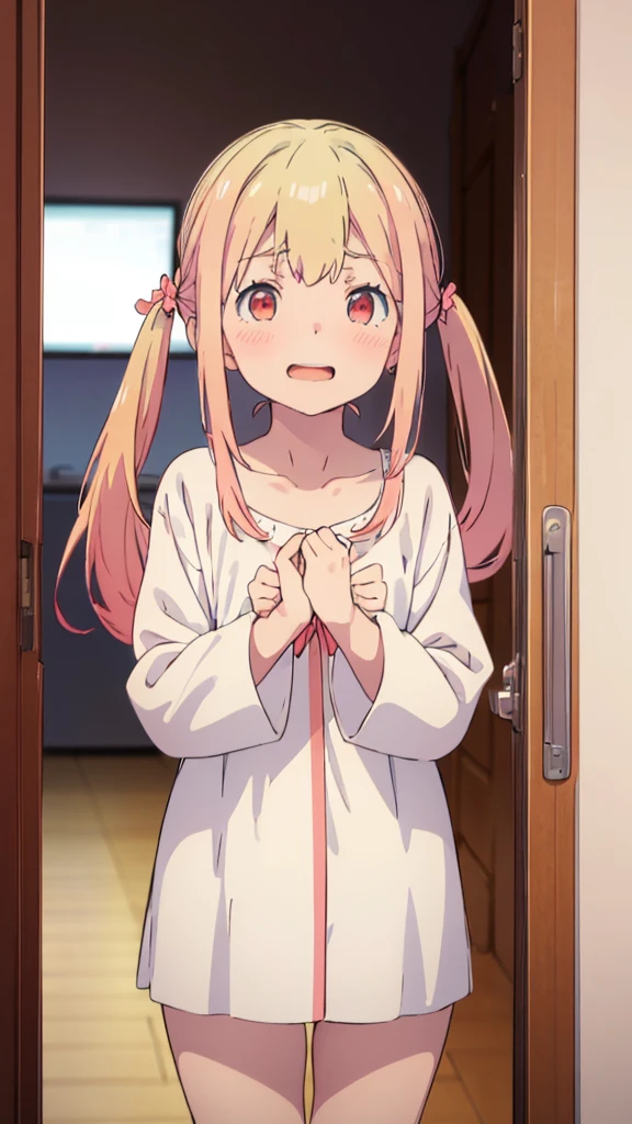 ((masterpiece))((Highest quality))girl、Laughing with your mouth open、blush、Flat Chest、Are thin、Blonde Hair、blush、Are standing、Whole body image、Eye level on face、、No background、Hair is two colors、Twin tails、Red Eyes、Two-tone red and yellow hair、Put your hands up、Completely naked