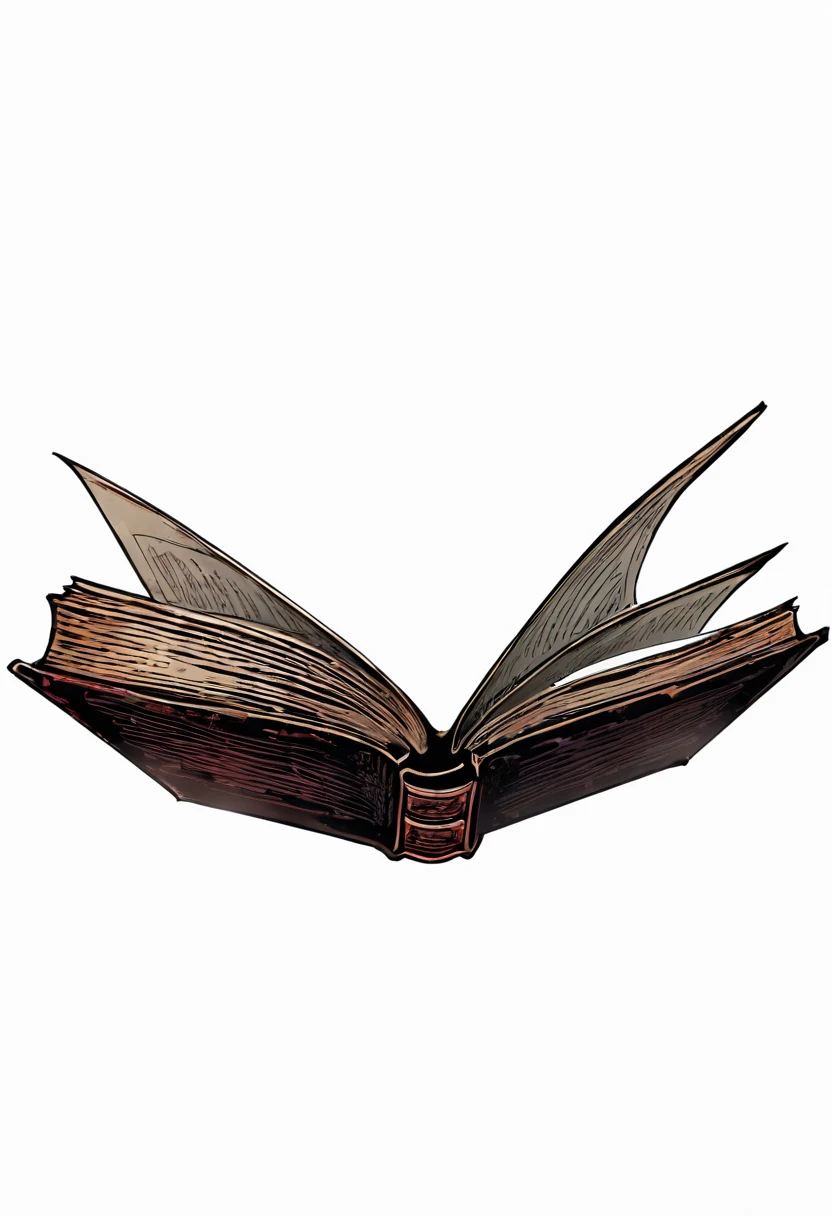 there is a book with a grudge as a cover, an open book, big open book, big opened book, open book page, open book, tattered book, horror theme, grudge theme, old book, manga style, thick drawing outline, thick outlines, dirty pages, plain pages