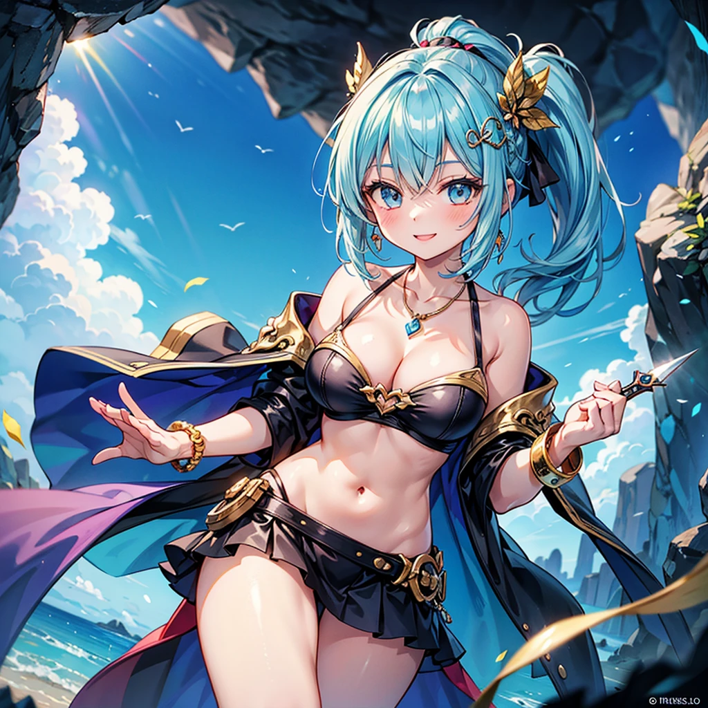 Anime Moe Art Style,Highest quality,High resolution,Anatomically correct,One Girl,Mid-s,Girl with light blue hair in a ponytail,Very detailed,Fantasy-style world,Off-the-shoulder tops,mini skirt,Big Breasts,Rich expressiveness,smile,cave,Hold a dagger in both hands,Detailed drawn eyes,hair ornaments,necklace,bracelet,8k