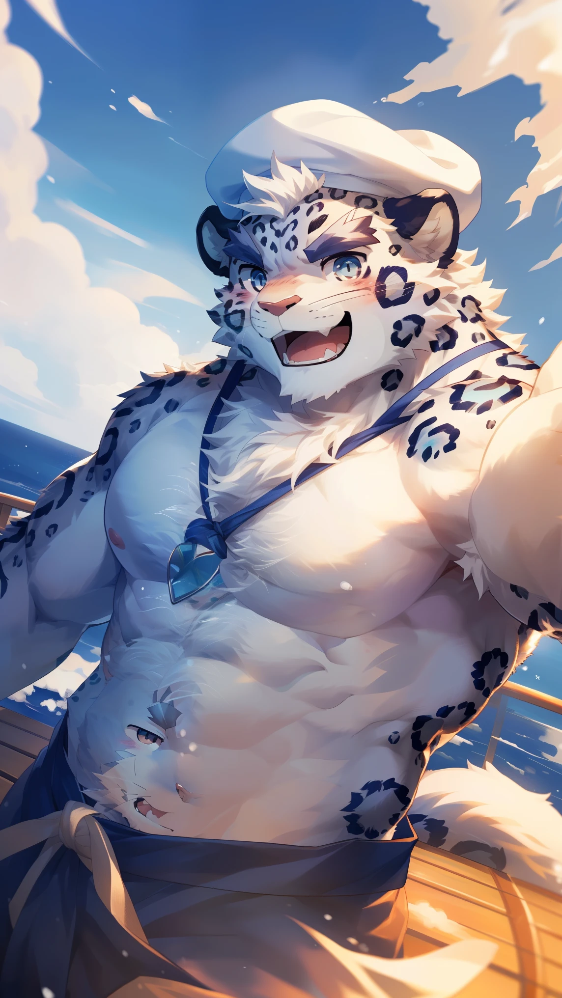 (Vision:1.5), solitary, anthropology, hairy, hairy male, snow leopard, ((Fluffy fur, Fluffy, hairy body)), (snow leopard print), (Thick eyebrows), youth, muscular, pectoralis major, White fur, Blue-gray pupils, Detailed teeth, defaced face, fundos, sailor, 蓝白条纹sailor服, White beret, On board, Sailing, sideways, Happy expression, blush, (Dynamic poses:1.5), Clear facial features, Strong, majestic, alone, panoramic, Fog atmosphere, early morning, Tyndall Light Effect, On deck, early morning的阳光, (By Empty Ghost, From snow leopard20, masterpiece, high quality, high resolution,8k)