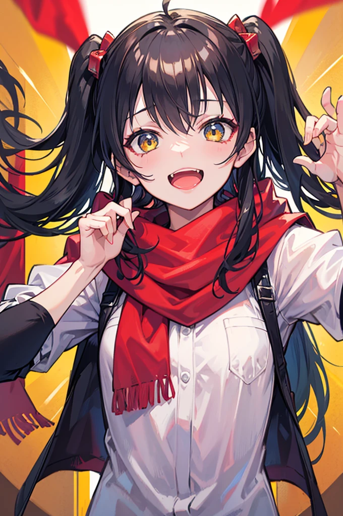portrait, one side up, long hair, black hair, stupid hair, passionate fool, girl, Laugh loudly and energetically, golden eyes, red cloth scarf, Black Jacket, hero