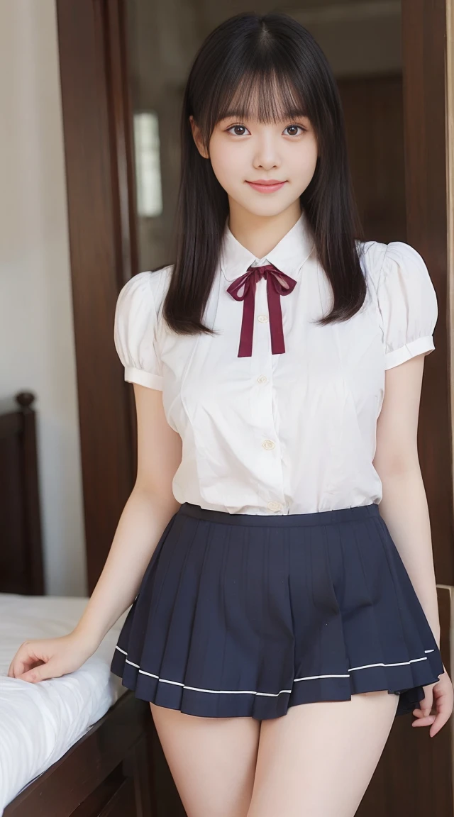 girl standing and unbuttoning near window in school classroom,long-sleeved white shirt with red bow tie,white panties,18-year-old,bangs,a little smile,thighs,knees,short hair and low ponytails with barrette,from below,front light