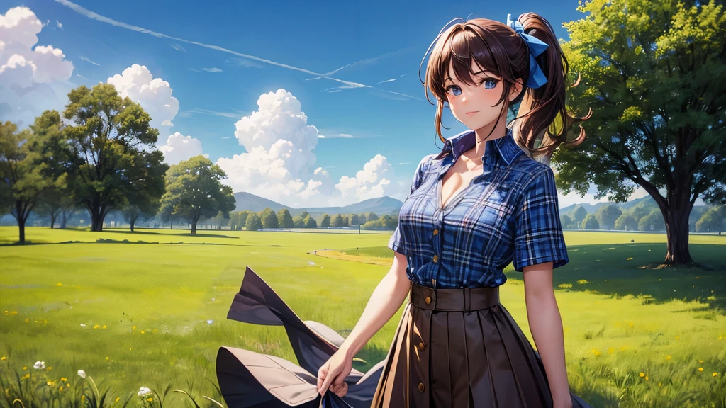 1girl, solo, full body, rural landscape, village, trees, sun, clouds, fantasy, brown hair, ponytail, large breasts, button down shirt, ((blue checked shirt)), ((short sleeved shirt)), ((unbuttoned shirt)), unbuttoning buttons, cleavage 1:3, shirt tied under chest, belly, blue eyes, dark skirt, smile, looking at the viewer, standing, hair ribbon, golden necklate
