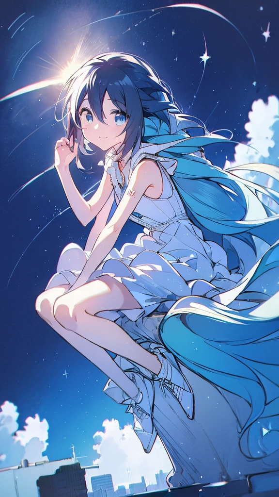 Seven-doppelganger shot,Anime style 4K,High quality anime art style,Standing painting,Splash ink background,Blue Themes、Pure white background,Buildings,Face close-up,Buildings,Moon and sun、Shining Star々,milky way,Bright Sky,Looking at me,Facing forward,Clear eyes and nose,cute,beautiful,Thin legs,sitting by the water, black hair, Blue eyes, girl, bob, front, cute,Blue Background,Long Hair,Whale flying in the blue sky,Buildings