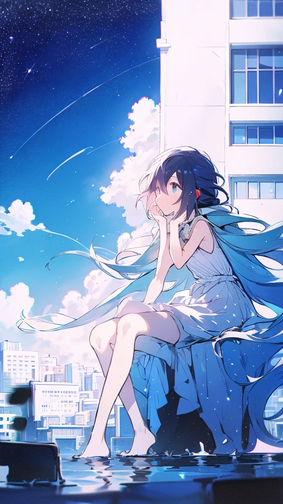 Seven-doppelganger shot,Anime style 4K,High quality anime art style,Standing painting,Splash ink background,Blue Themes、Pure white background,Buildings,Face close-up,Buildings,Moon and sun、Shining Star々,milky way,Bright Sky,Looking at me,Facing forward,Clear eyes and nose,cute,beautiful,Thin legs,sitting by the water, black hair, Blue eyes, girl, bob, front, cute,Blue Background,Long Hair,Whale flying in the blue sky,Buildings