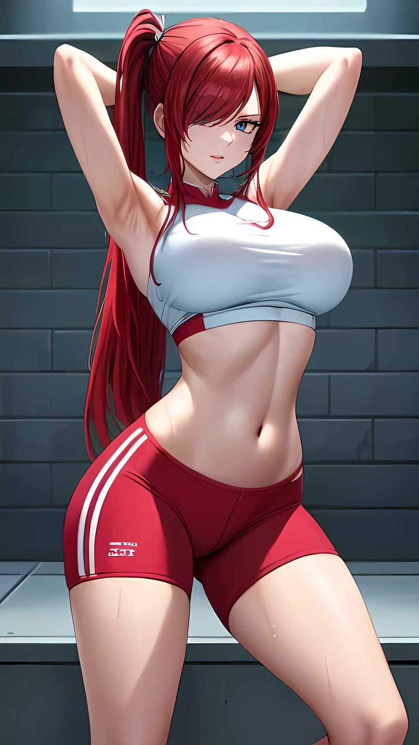 front view detailed body, long belly , slender body, tight body , thicc, large breast, breast, long thighs, masterpiece, long hair, very long hair, bangs, red hair,side ponytails, lucy heartfilia, red hair, Hair covers one eye, erzascarlet, cowboy shot, front shot, looking at viewer, bodysuit, Black bodysuit, full bodysuit, armpit, wet clothes, gym, indoors, heavy breath, squat, Stretching, 20yo,Young female,Beautiful Finger,Beautiful long legs,Beautiful body,Beautiful Nose,Beautiful character design, perfect eyes, perfect face,expressive eyes, looking at viewer,(Full_body),(Focus on her face), official art,extremely detailed CG unity 8k wallpaper, perfect lighting,Colorful, Bright_Front_face_Lighting,shiny skin, (masterpiece:1.0),(best_quality:1.0), ultra high res,4K,ultra-detailed, photography, 8K, HDR, highres, absurdres:1.2, Kodak portra 400, film grain, blurry background, bokeh:1.2, lens flare, (vibrant_color:1.2) (Beautiful,large_Breasts:1.4), (beautiful_face:1.5),(narrow_waist), facing the viewer